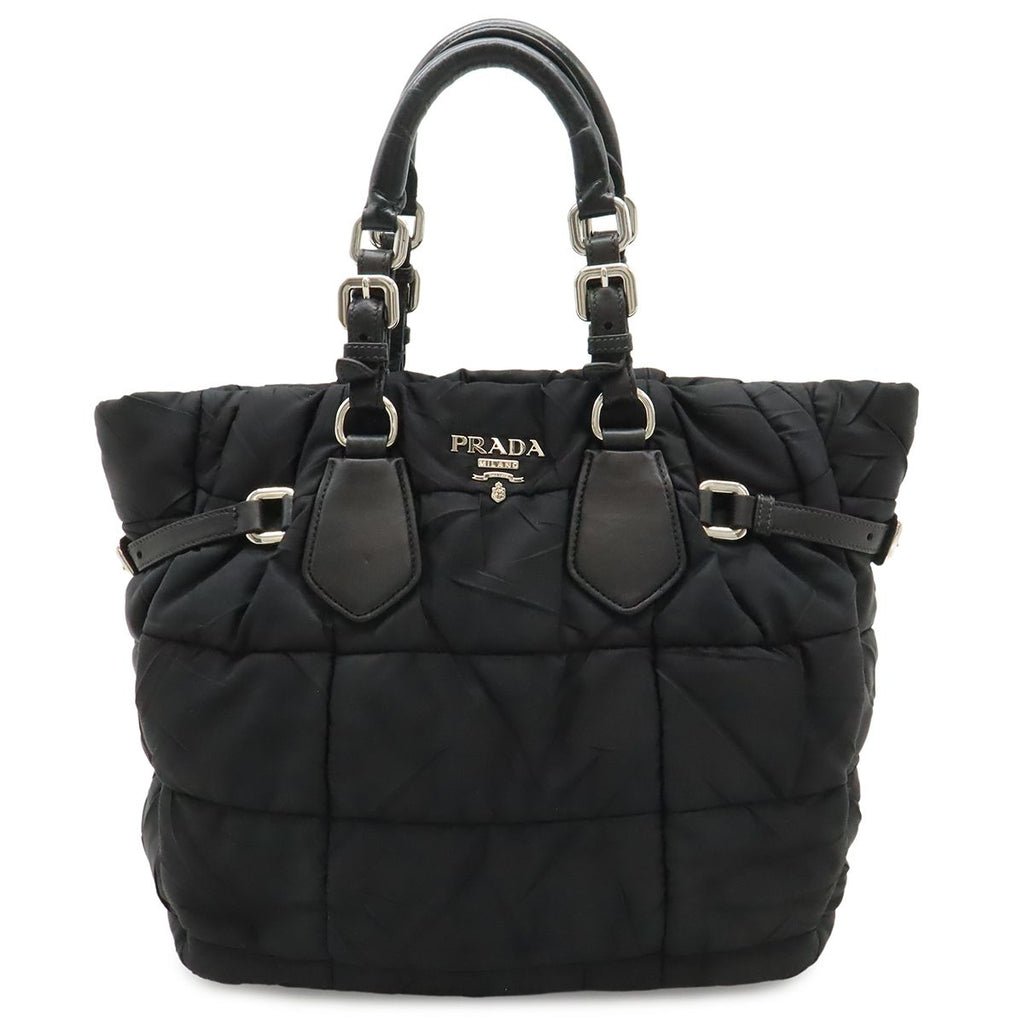 Prada Logo Tote Shoulder Bag Nylon Leather Nero Black Silver