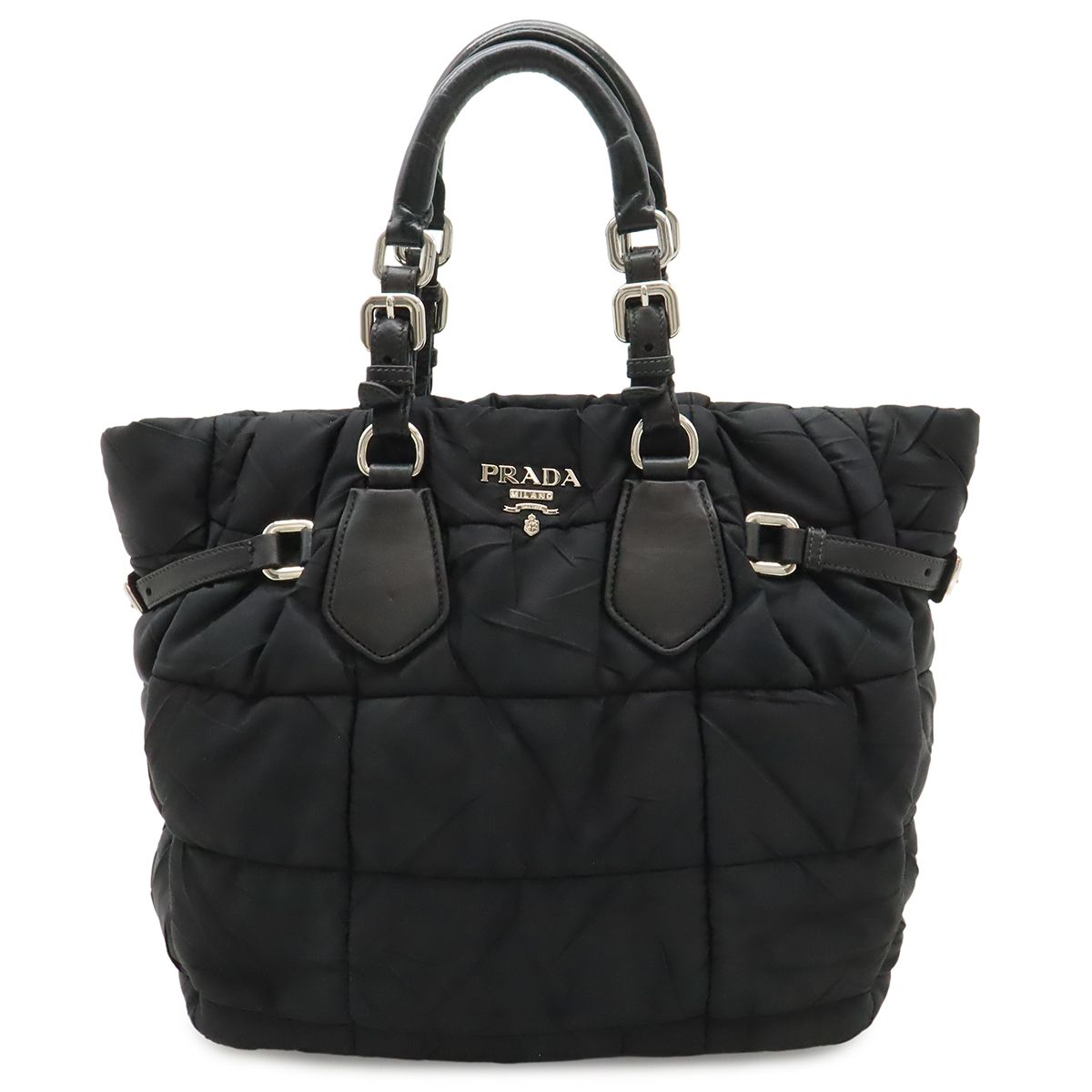 Prada Logo Tote Shoulder Bag Nylon Leather Nero Black Silver