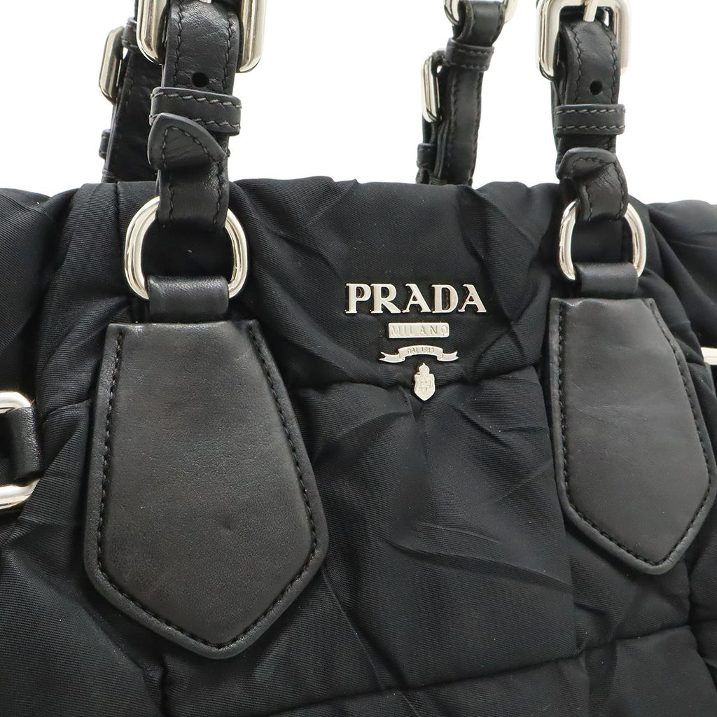 Prada Logo Tote Shoulder Bag Nylon Leather Nero Black Silver — view 8