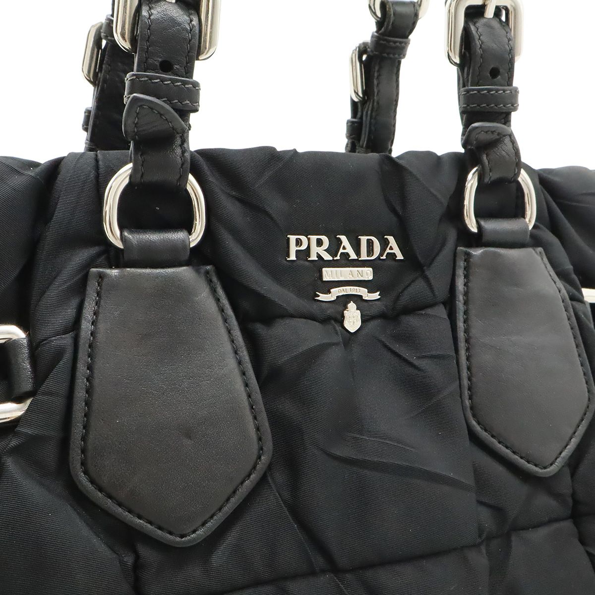 Prada Logo Tote Shoulder Bag Nylon Leather Nero Black Silver — view 8
