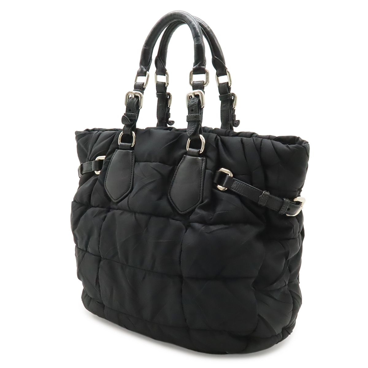 Prada Logo Tote Shoulder Bag Nylon Leather Nero Black Silver — view 2