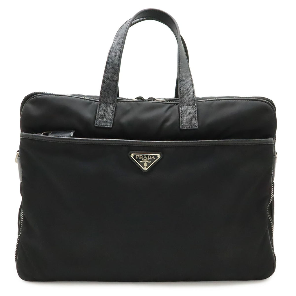 Prada Triangle Logo Business Briefcase Document Purse Nylon Nero Black Silver