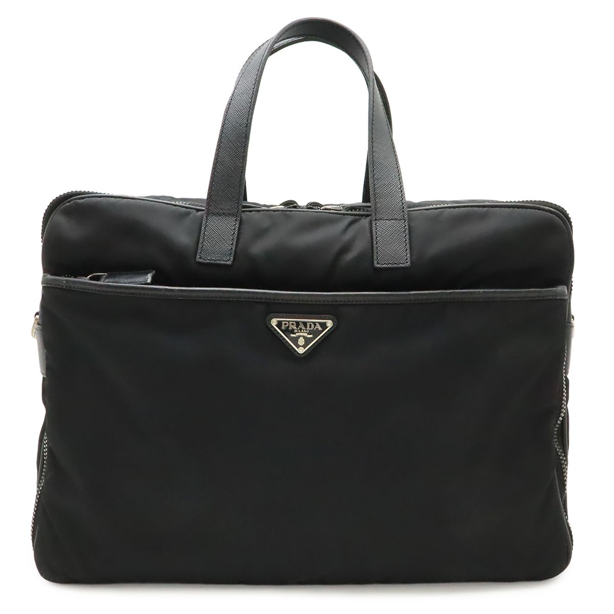 Prada Triangle Logo Business Briefcase Document Purse Nylon Nero Black Silver