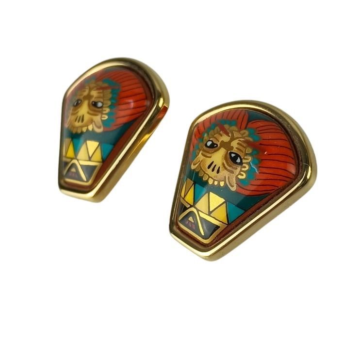 Hermes Earrings Enamel Multicolor Metal Cloisonne Lion Animal — view 2