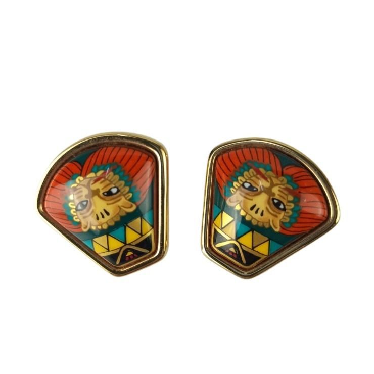 Hermes Earrings Enamel Multicolor Metal Cloisonne Lion Animal