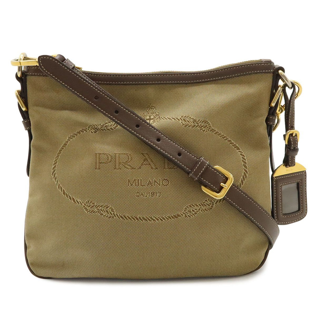 Prada Logo Jacquard Shoulder Bag Crossbody 2-Way Clutch Canvas Leather Khaki