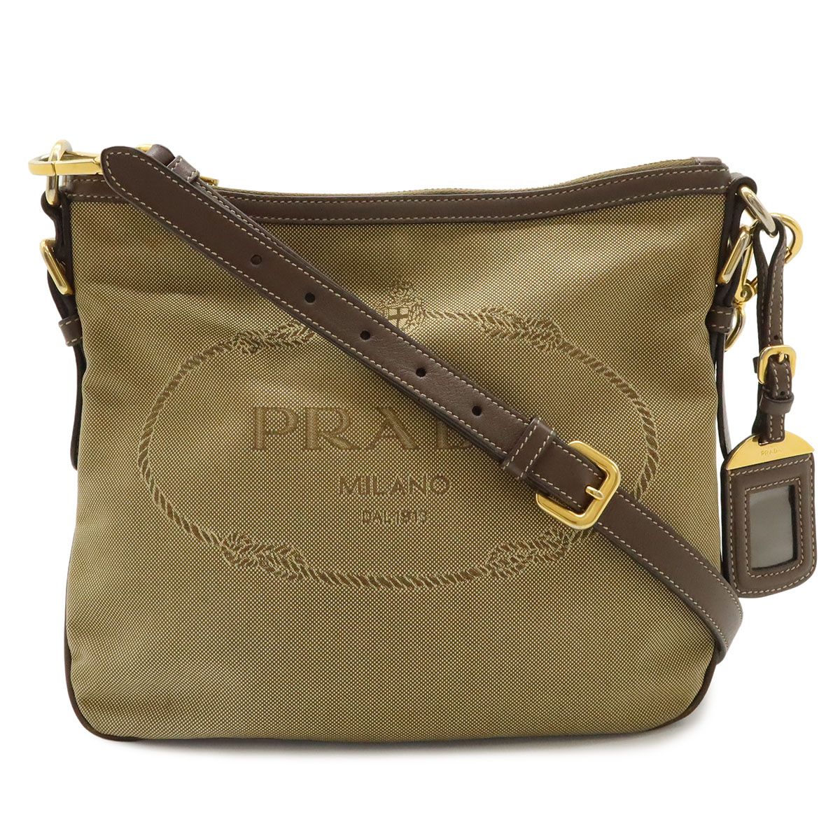 Prada Logo Jacquard Shoulder Bag Crossbody 2-Way Clutch Canvas Leather Khaki