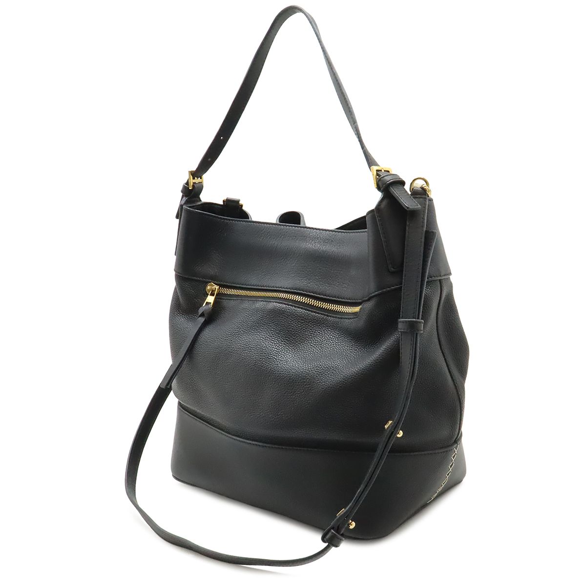 Loewe Midnight Bucket Shoulder Bag 2-Way Drawstring Leather Black Gold — view 2