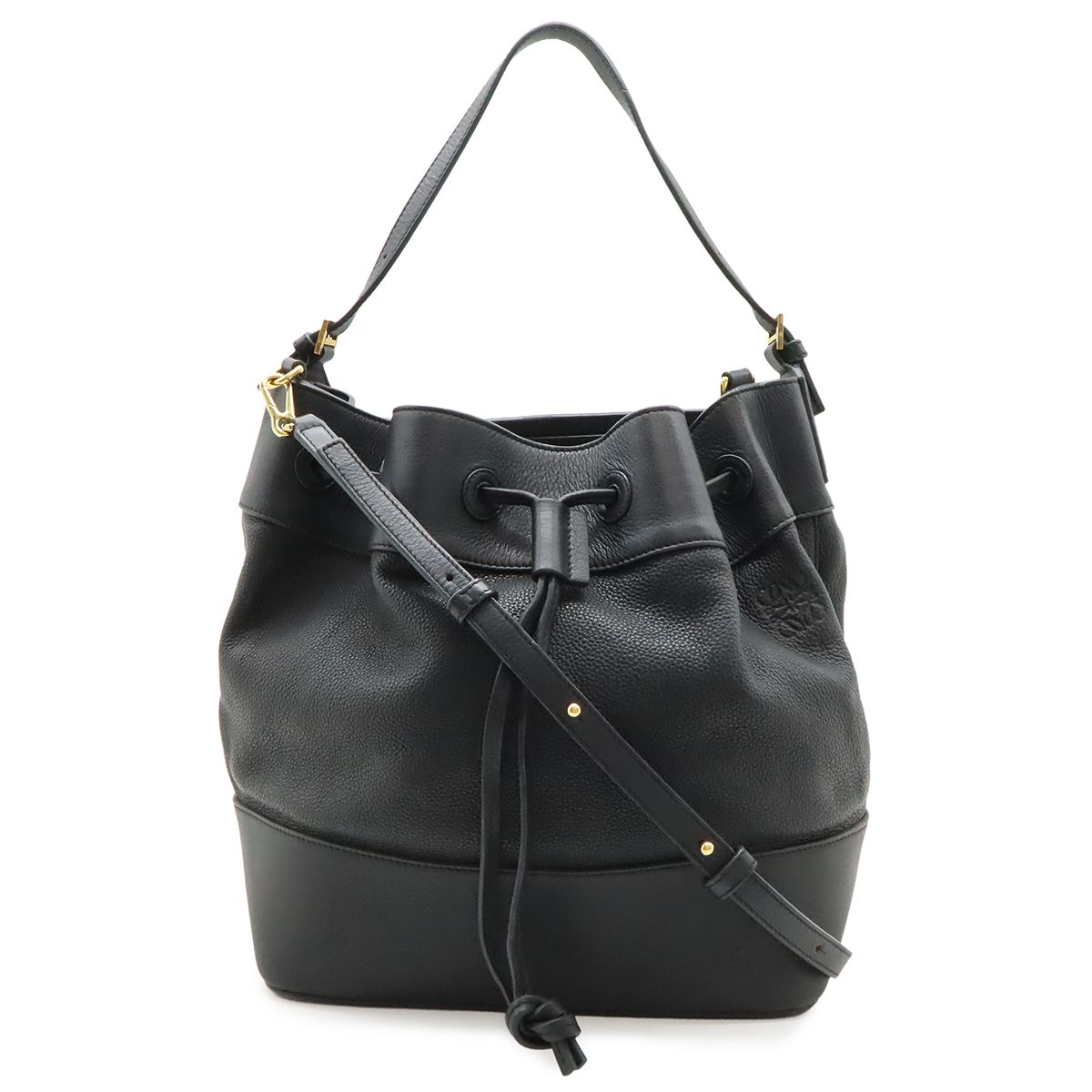 Loewe Midnight Bucket Shoulder Bag 2-Way Drawstring Leather Black Gold