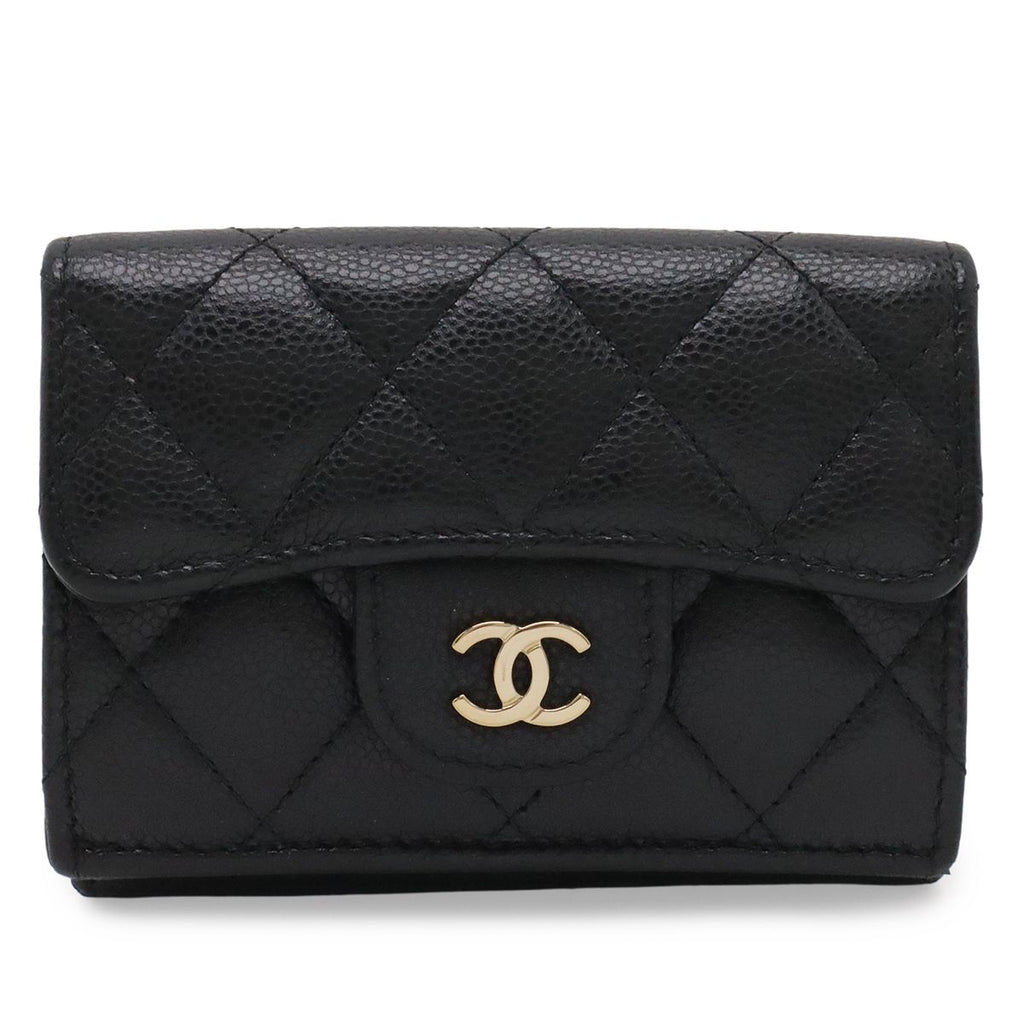 Chanel Classic Small Flap Wallet Quilted CC Logo Trifold Caviar Leather Black