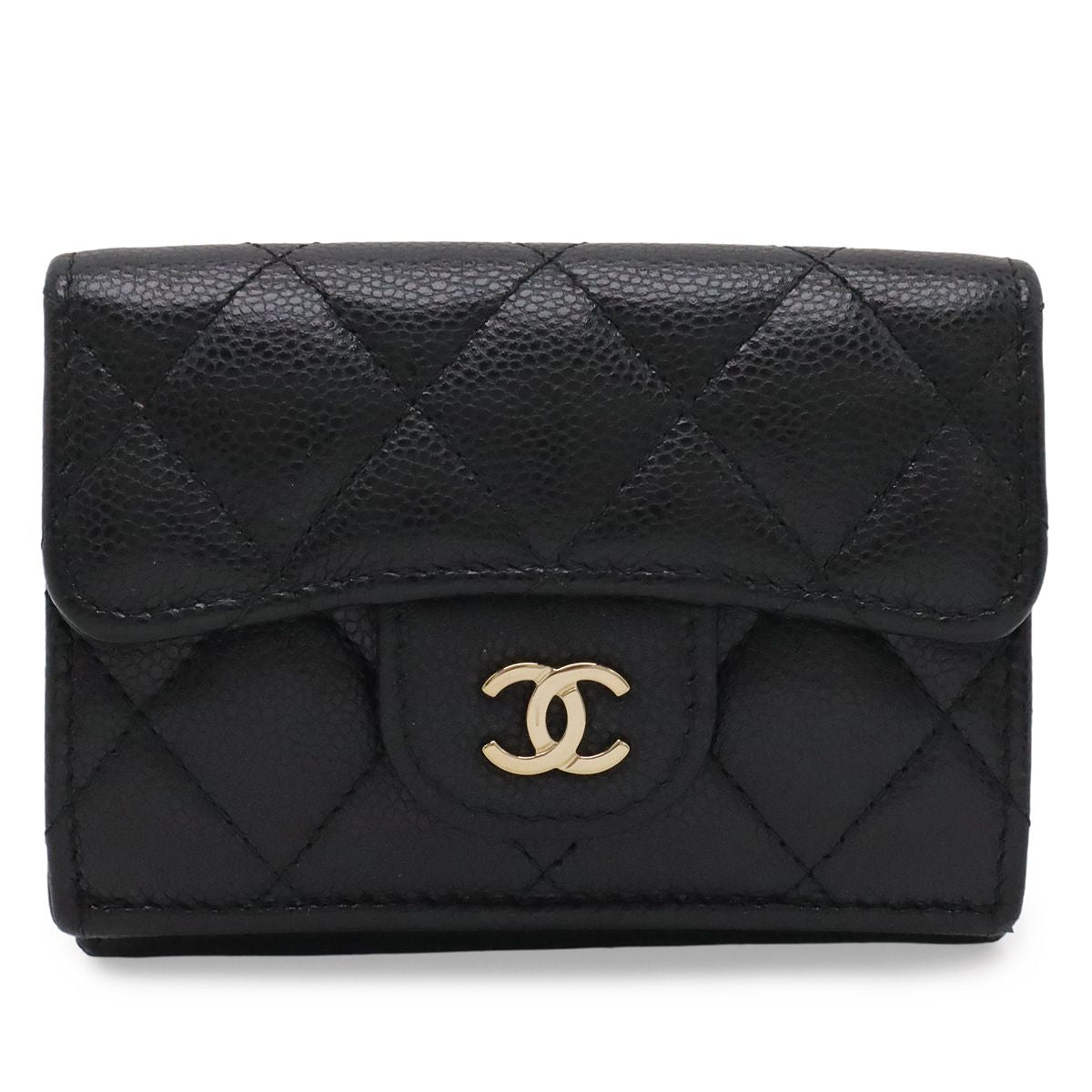 Chanel Classic Small Flap Wallet Quilted CC Logo Trifold Caviar Leather Black