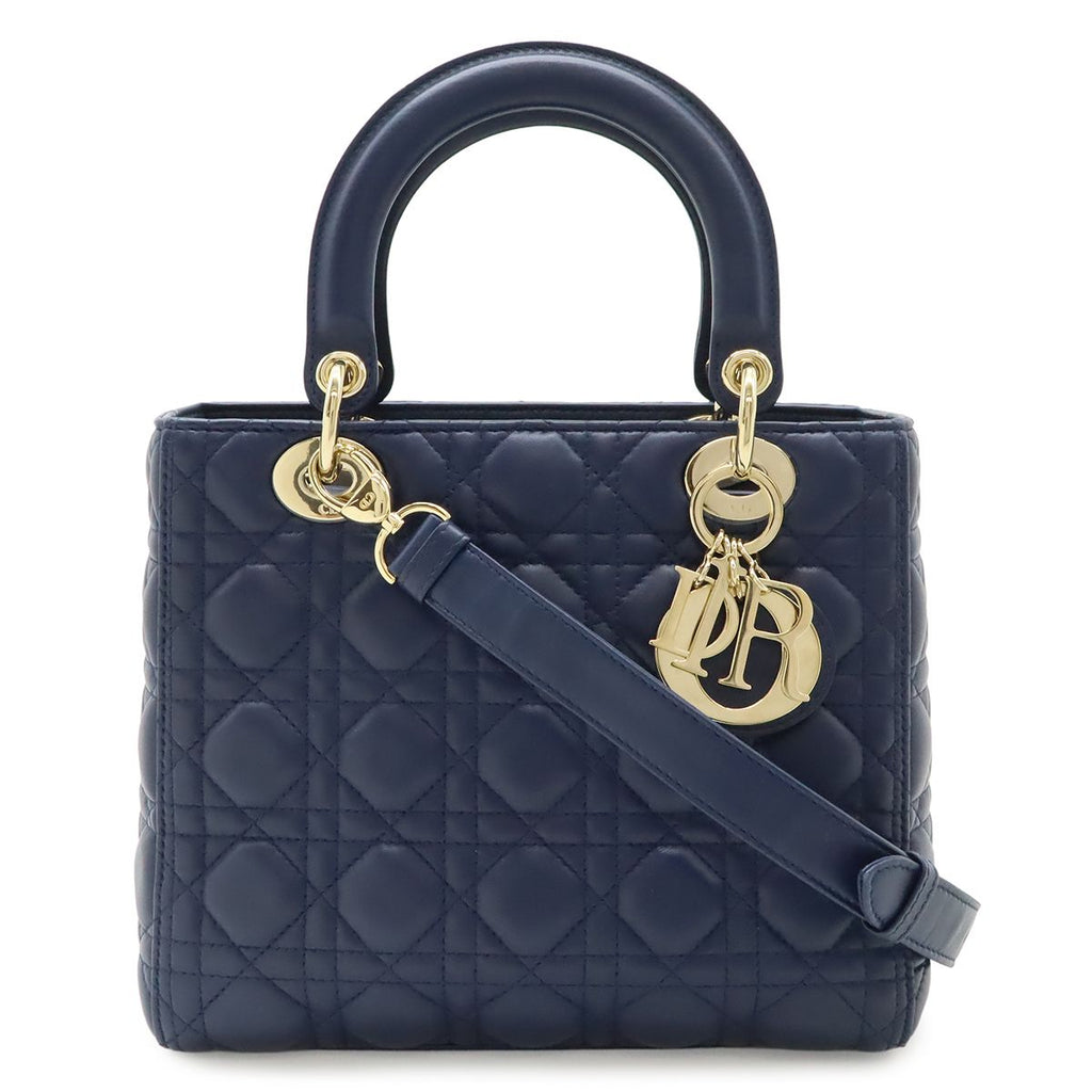 Dior Cannage 2-Way Shoulder Bag Leather Navy Gold