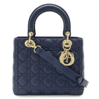 Dior Cannage 2-Way Shoulder Bag Leather Navy Gold