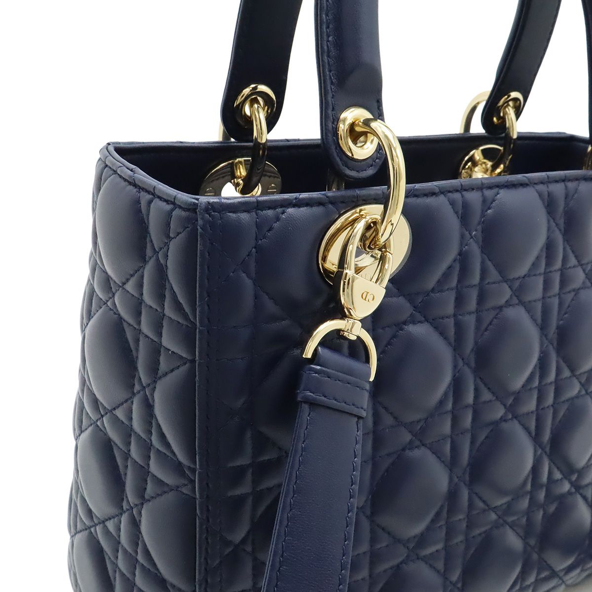 Dior Cannage 2-Way Shoulder Bag Leather Navy Gold — view 7