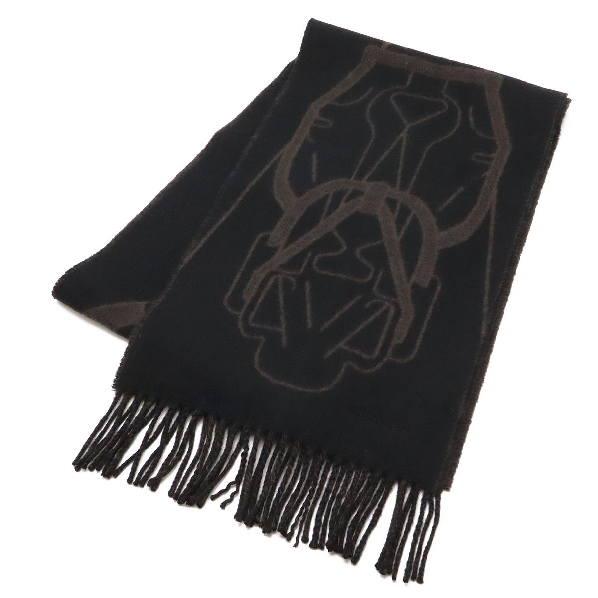 Hermes Cashmere Scarf Tet a Tet Equestre Shawl Fringe Black Dark Brown