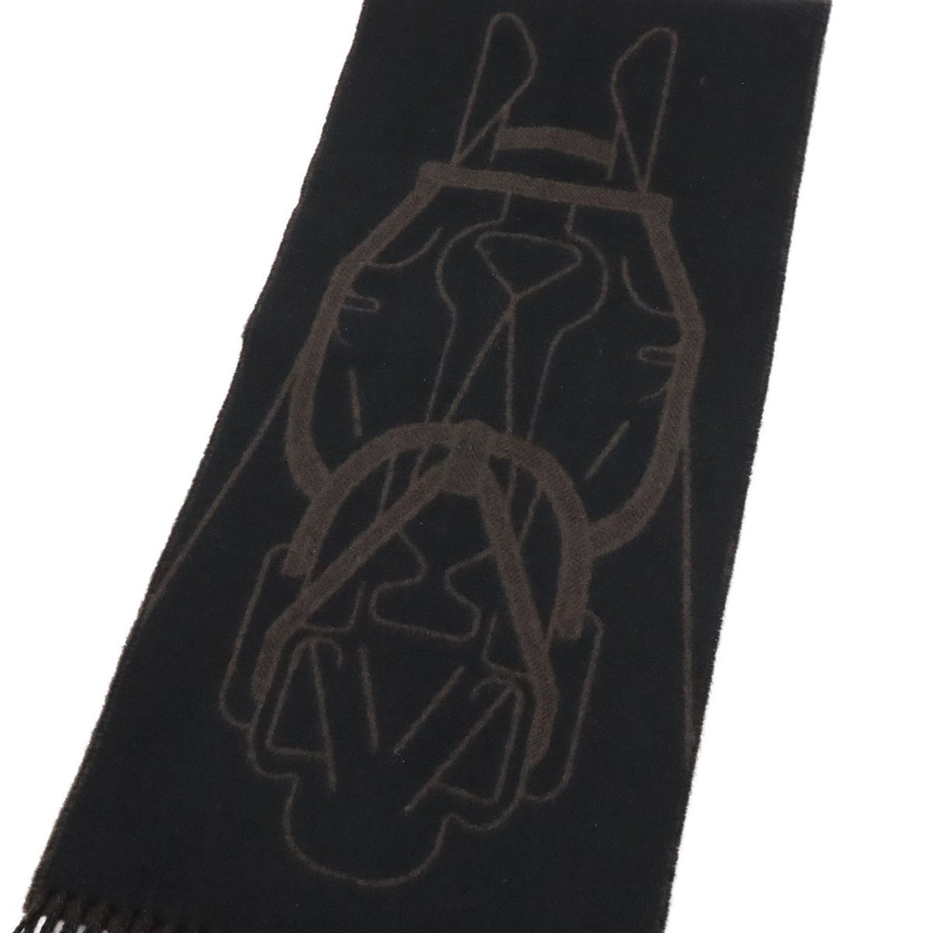 Hermes Cashmere Scarf Tet a Tet Equestre Shawl Fringe Black Dark Brown — view 3
