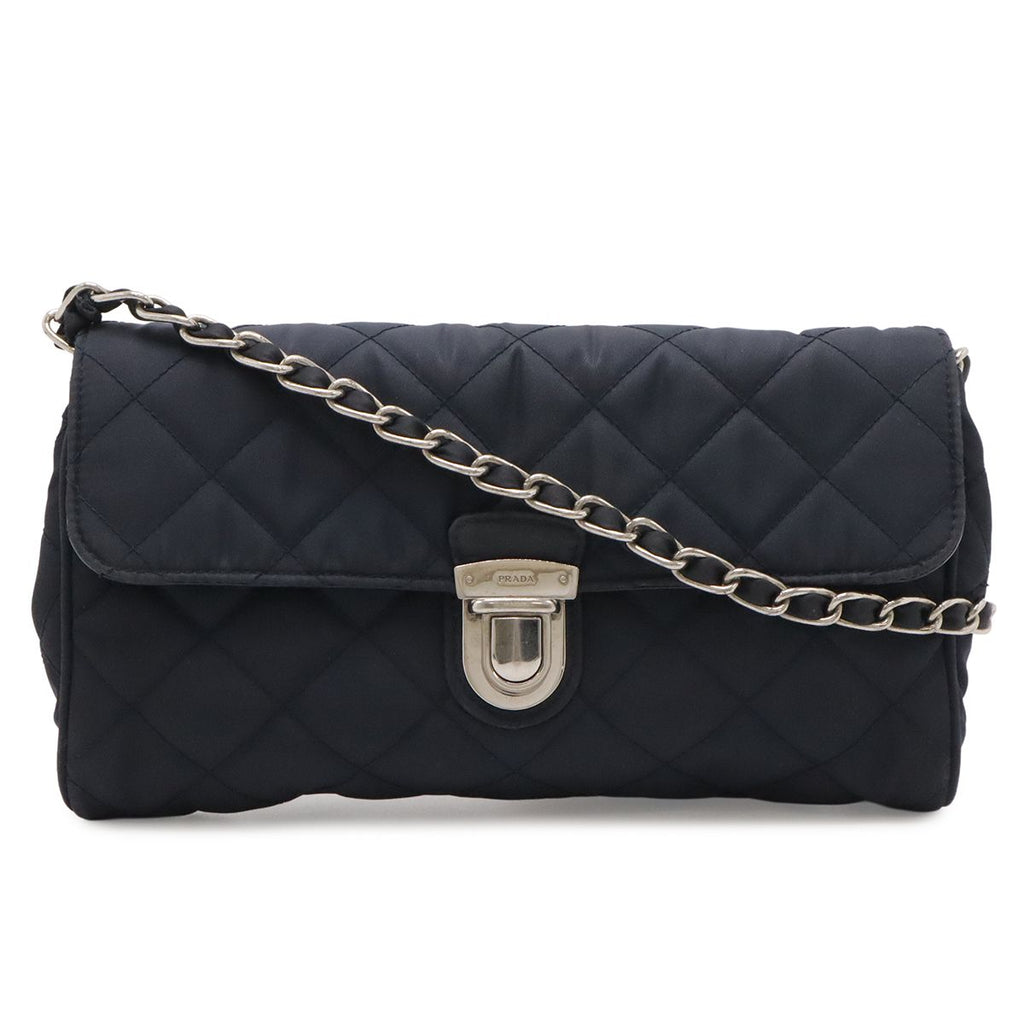 Prada Chain Shoulder Bag 2-Way Clutch Quilted Nylon Leather Navy Silver