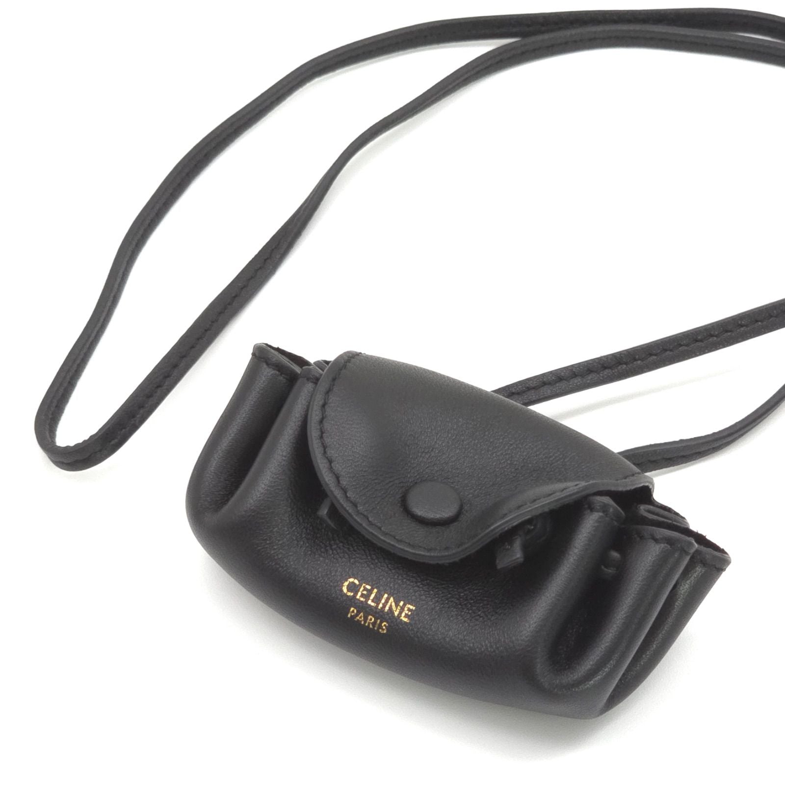 Celine Flap Neck Strap Coin Case Bag Charm Lambskin Calfskin Black Color Gold
