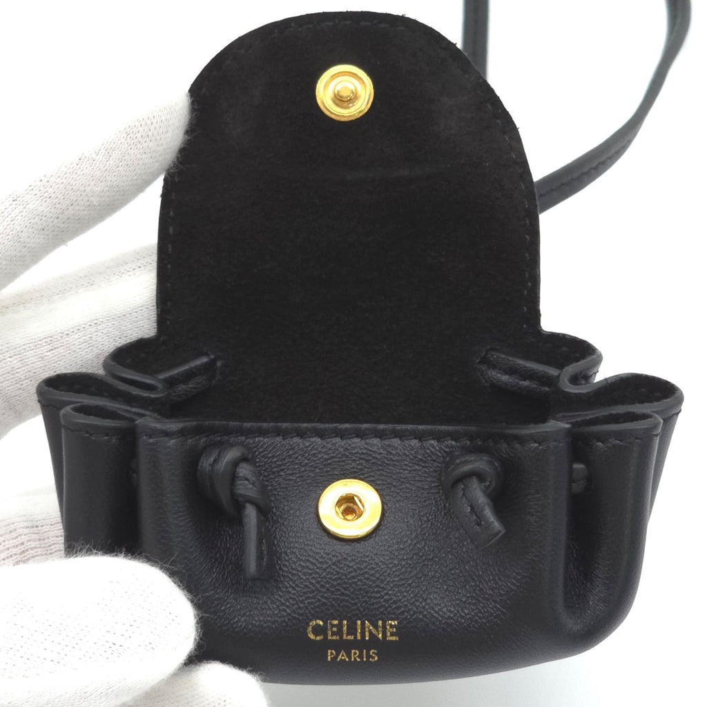 Celine Flap Neck Strap Coin Case Bag Charm Lambskin Calfskin Black Color Gold — view 4