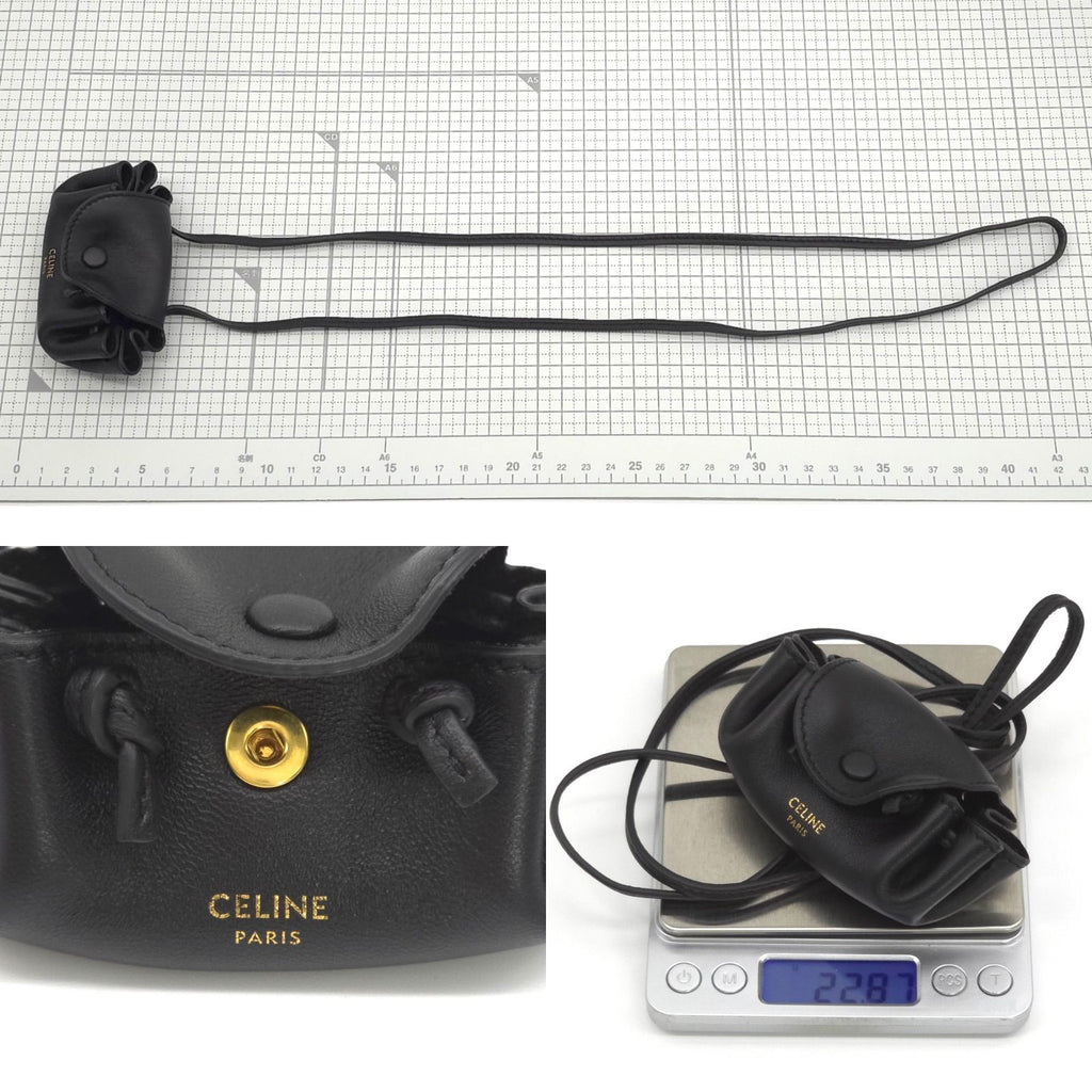 Celine Flap Neck Strap Coin Case Bag Charm Lambskin Calfskin Black Color Gold — view 6
