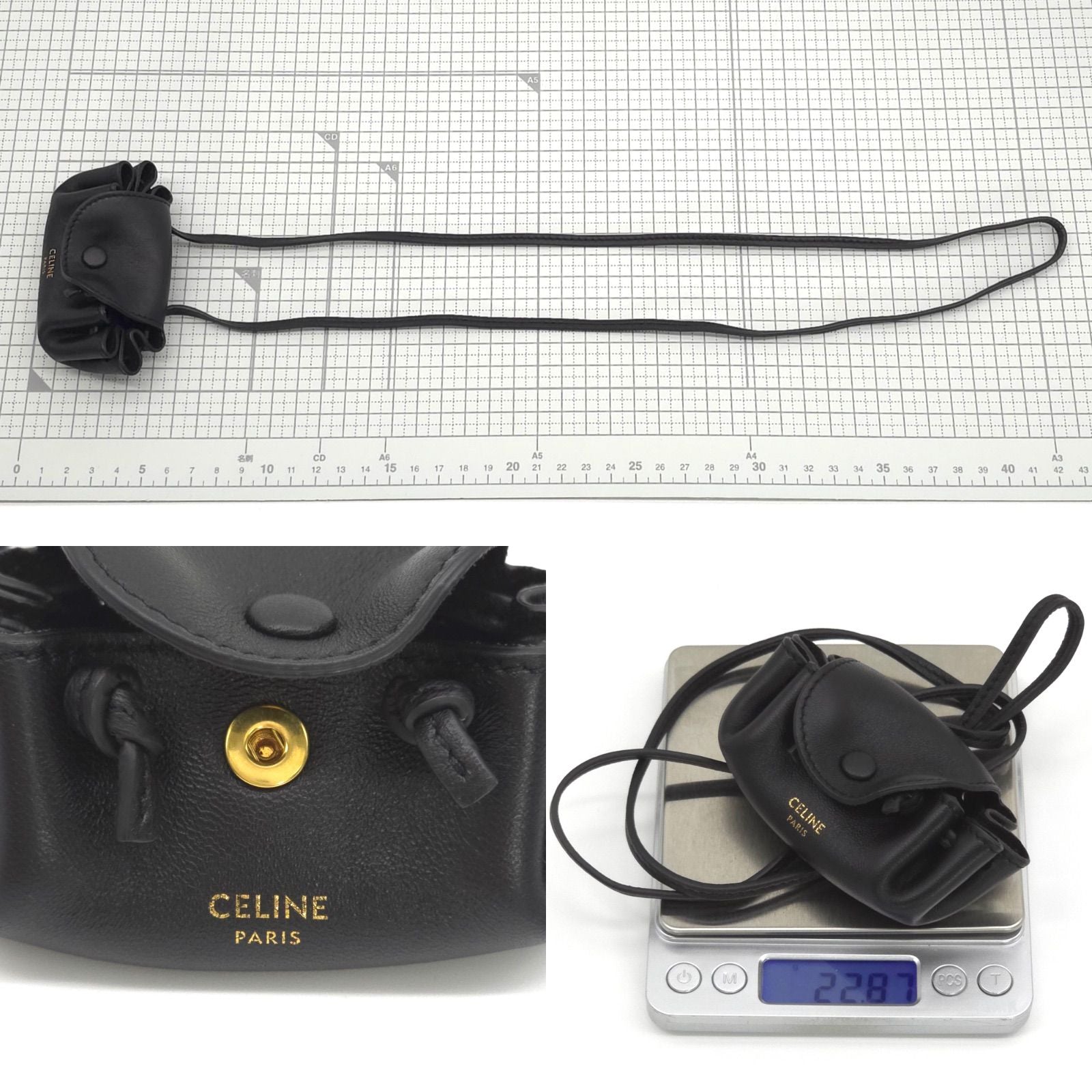 Celine Flap Neck Strap Coin Case Bag Charm Lambskin Calfskin Black Color Gold — view 6