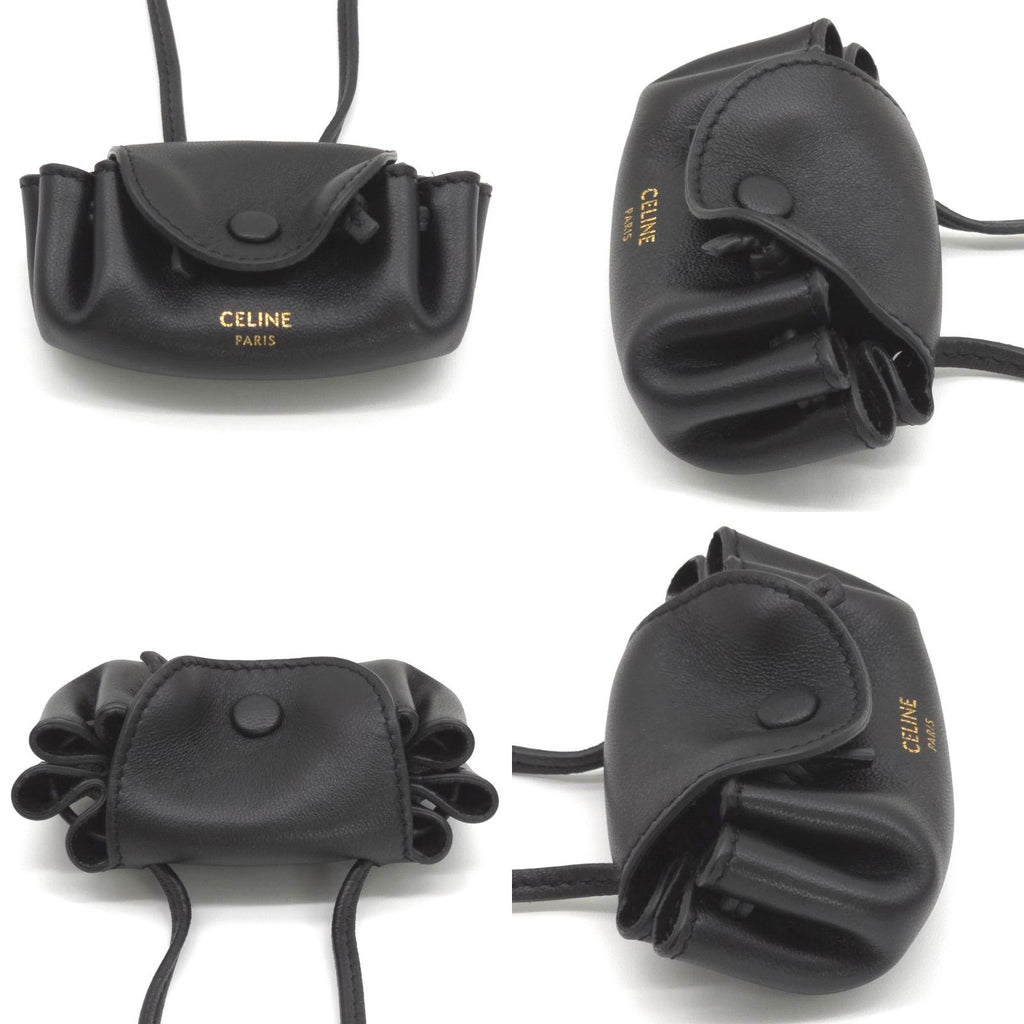 Celine Flap Neck Strap Coin Case Bag Charm Lambskin Calfskin Black Color Gold — view 2