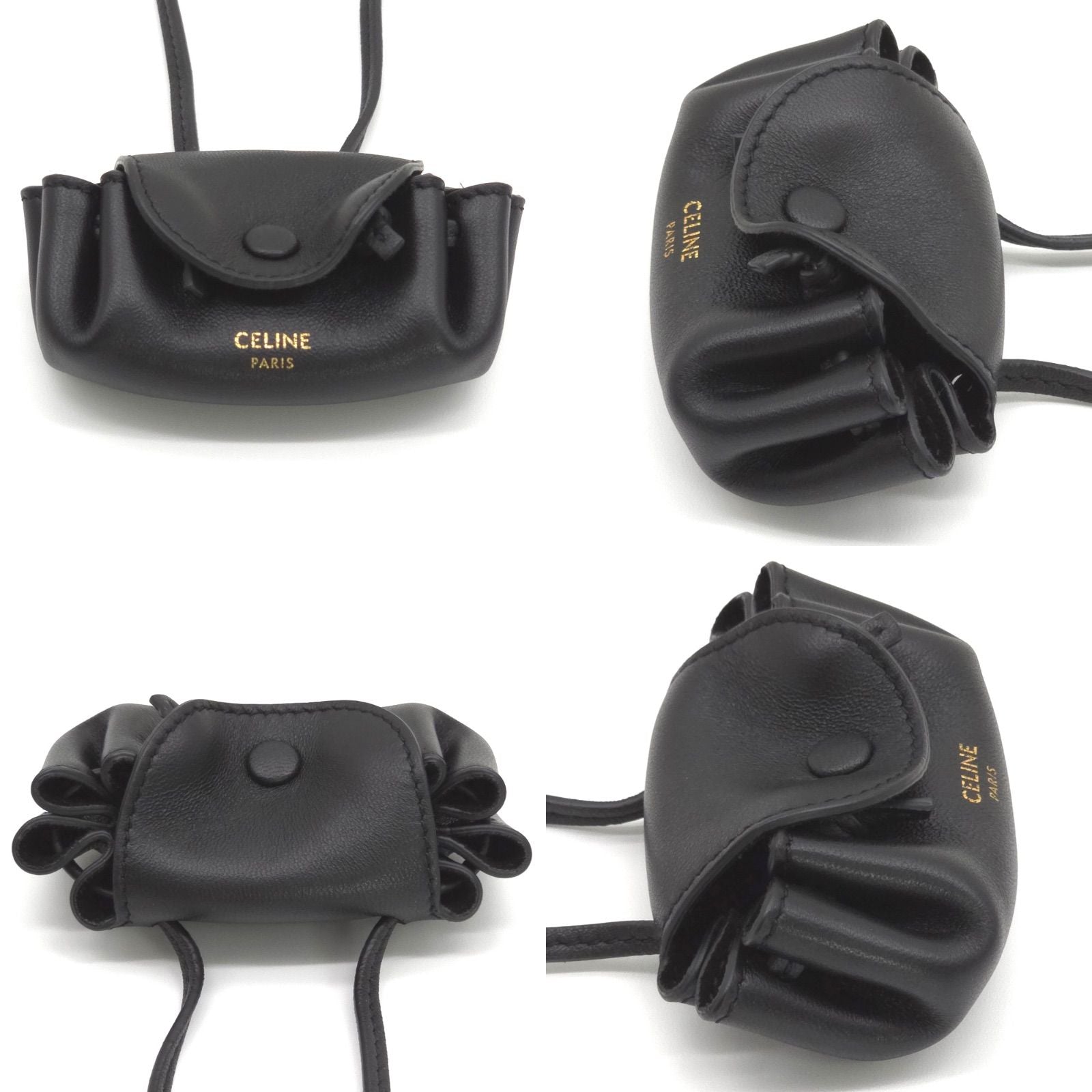 Celine Flap Neck Strap Coin Case Bag Charm Lambskin Calfskin Black Color Gold — view 2