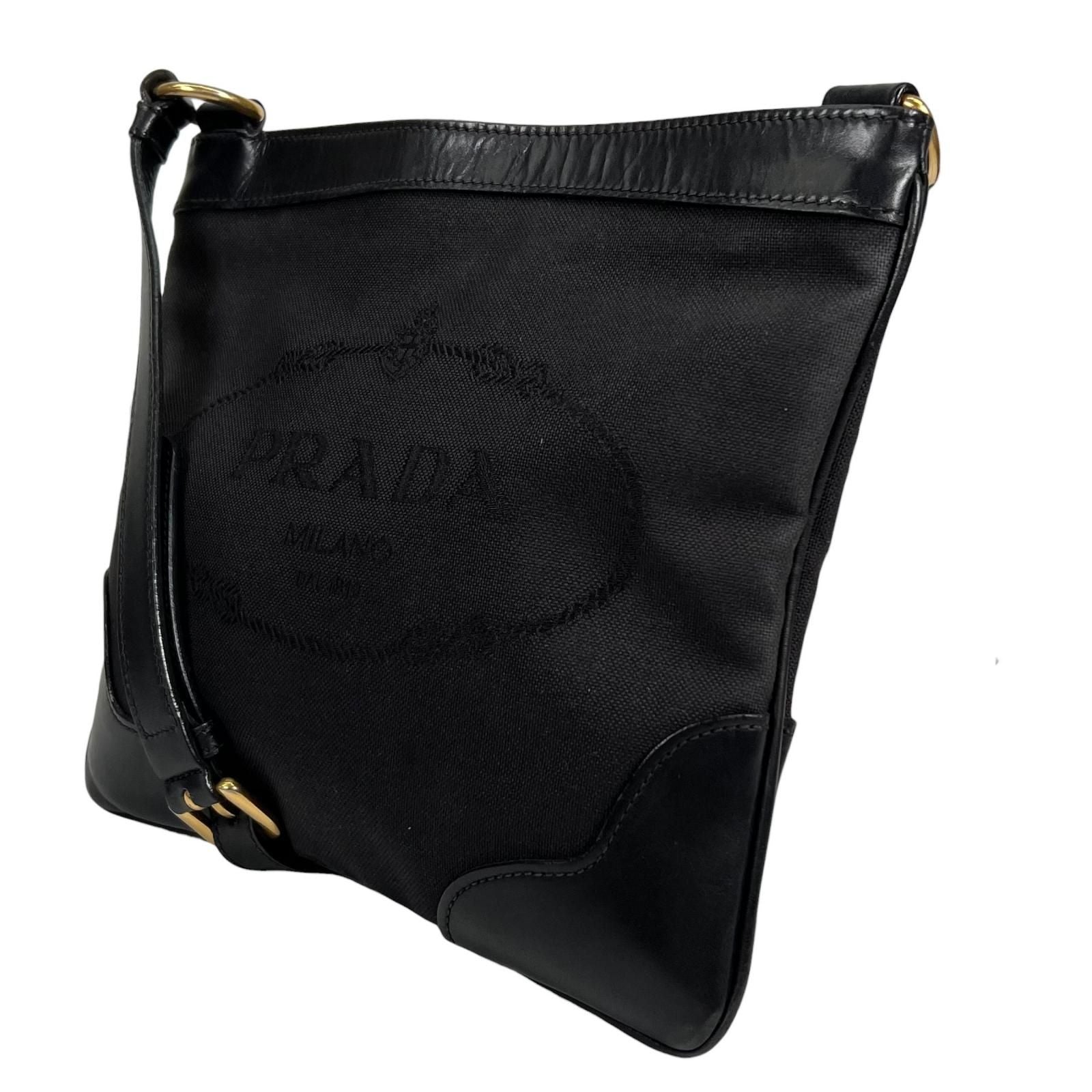 Prada Logo Jacquard Leather Canvas Black Shoulder Bag Gold — view 4