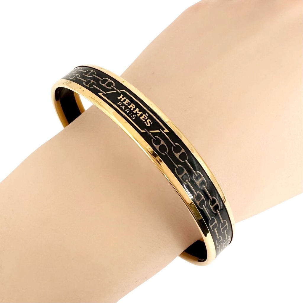 Hermes Enamel Chaine D'ancre Metal Gold Black Bangle Bracelet — view 5
