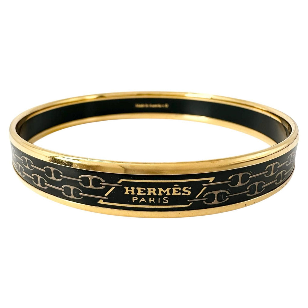 Hermes Enamel Chaine D'ancre Metal Gold Black Bangle Bracelet — view 3