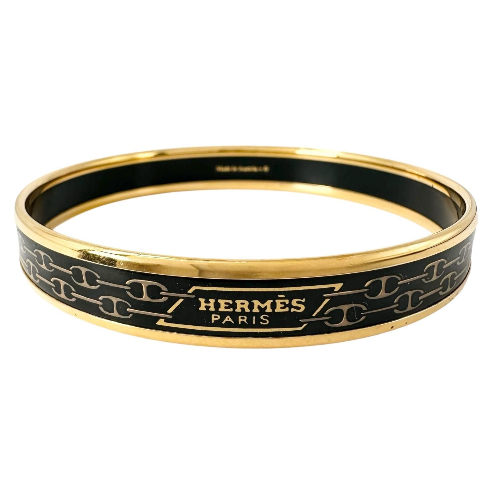Hermes Enamel Chaine D'ancre Metal Gold Black Bangle Bracelet — view 3