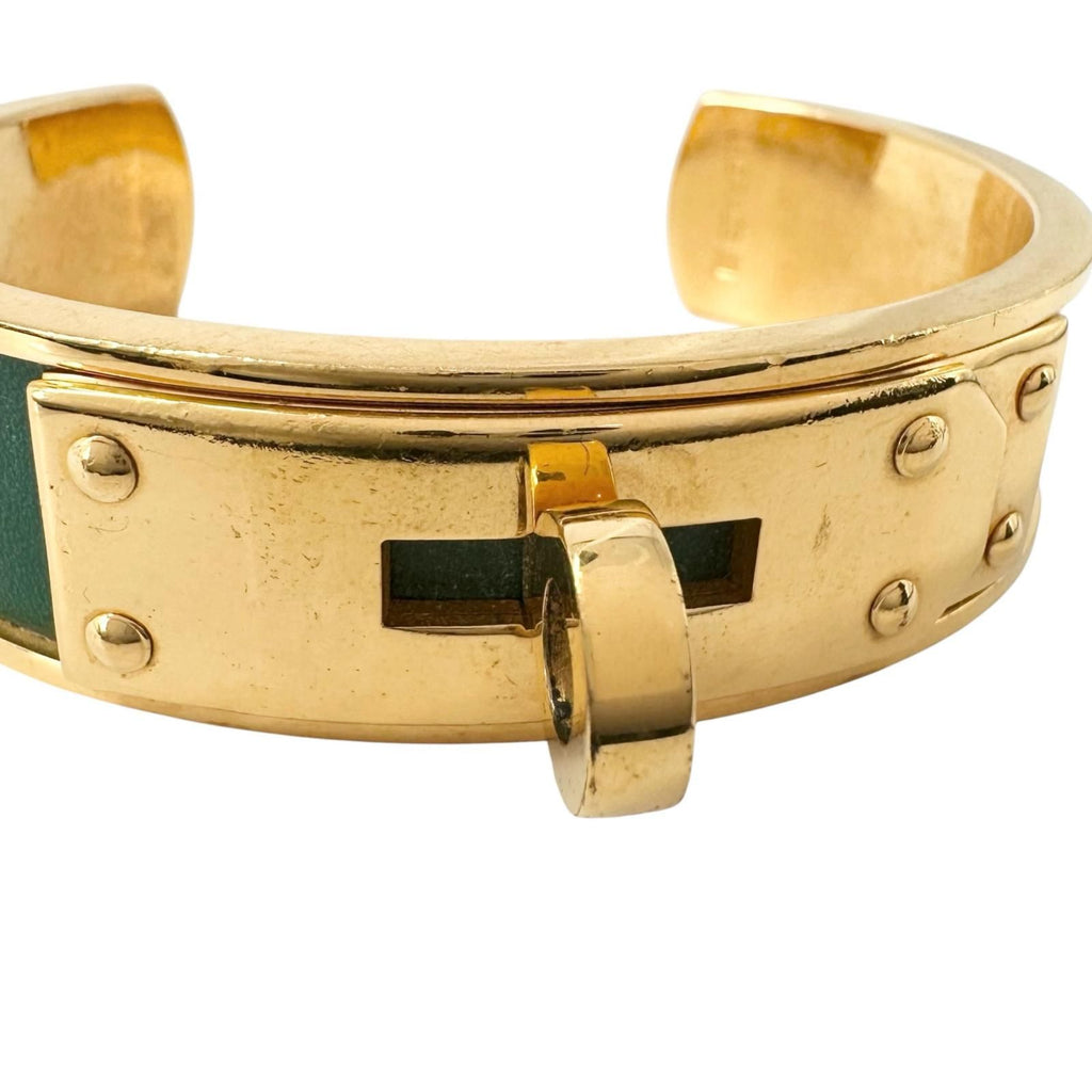 Hermes Kelly Leather Metal Green Gold Bangle Bracelet — view 6