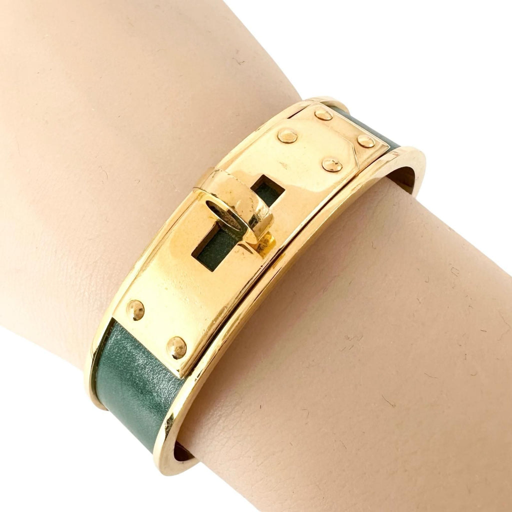 Hermes Kelly Leather Metal Green Gold Bangle Bracelet — view 4