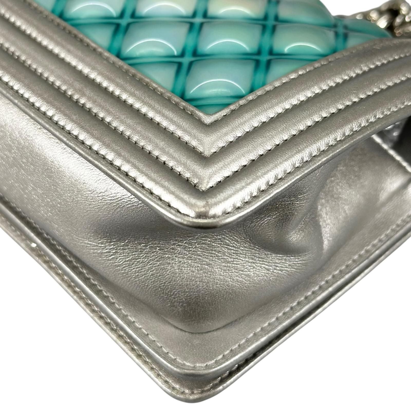 Chanel Boy Enamel Leather Lambskin Silver Light Blue Shoulder — view 9