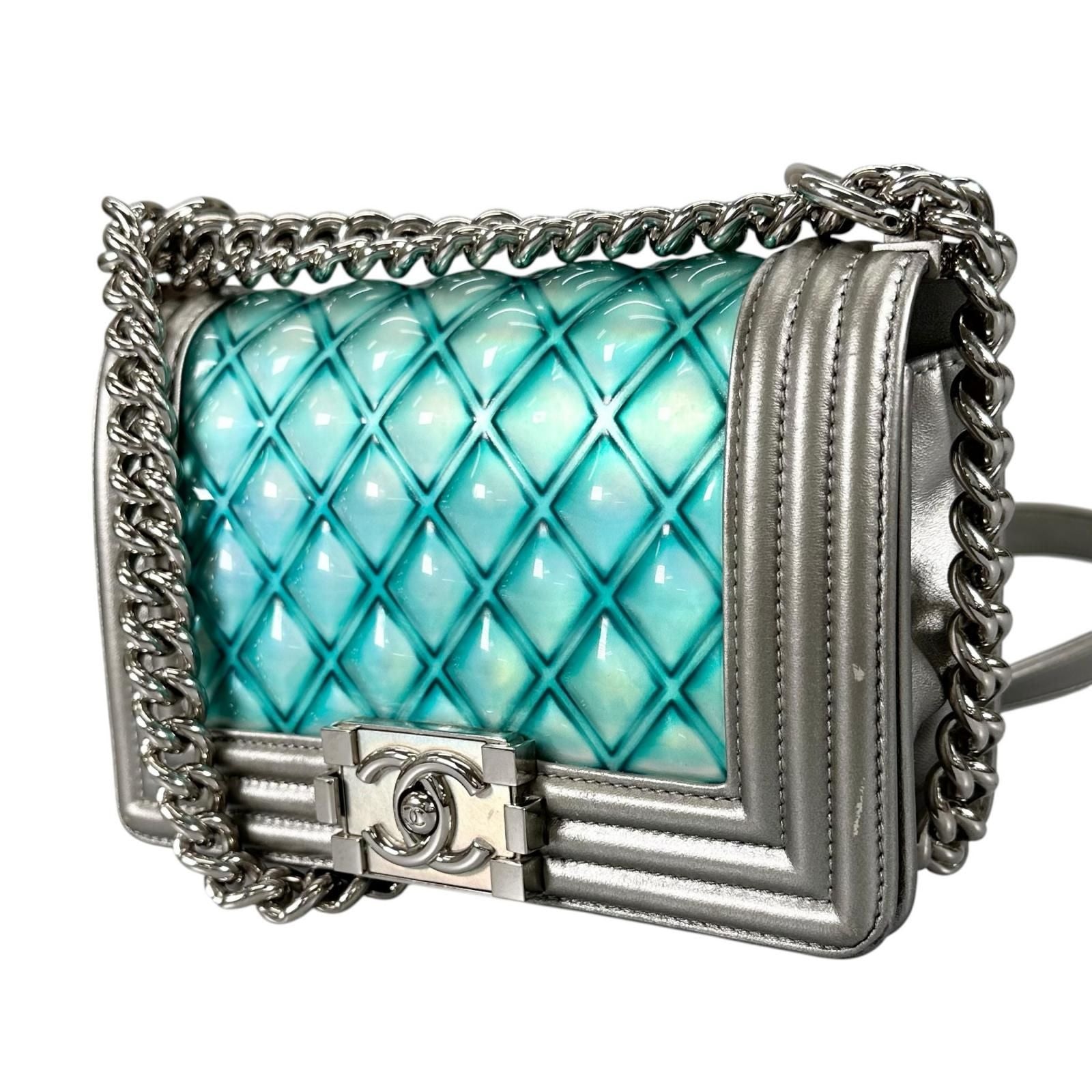 Chanel Boy Enamel Leather Lambskin Silver Light Blue Shoulder — view 4