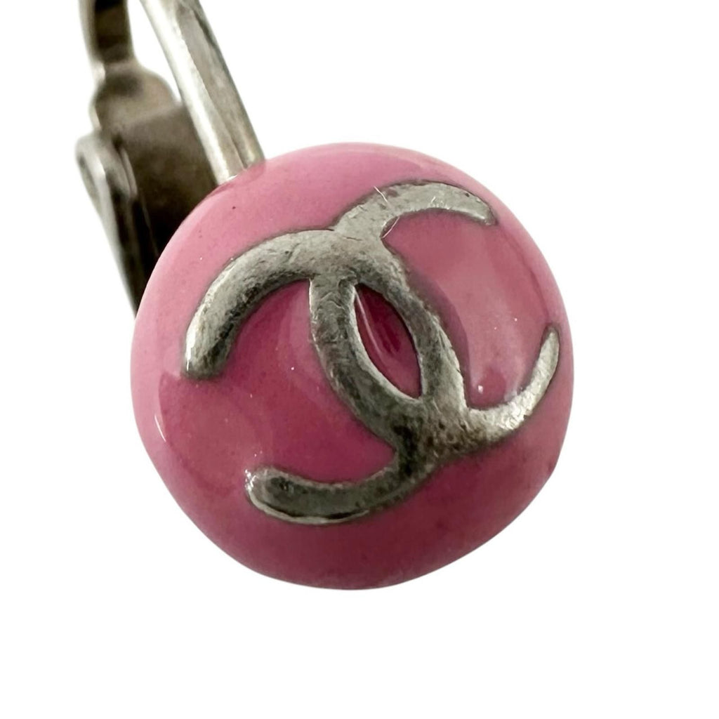 Chanel CC Logo Metal Silver Pink Earrings — view 6