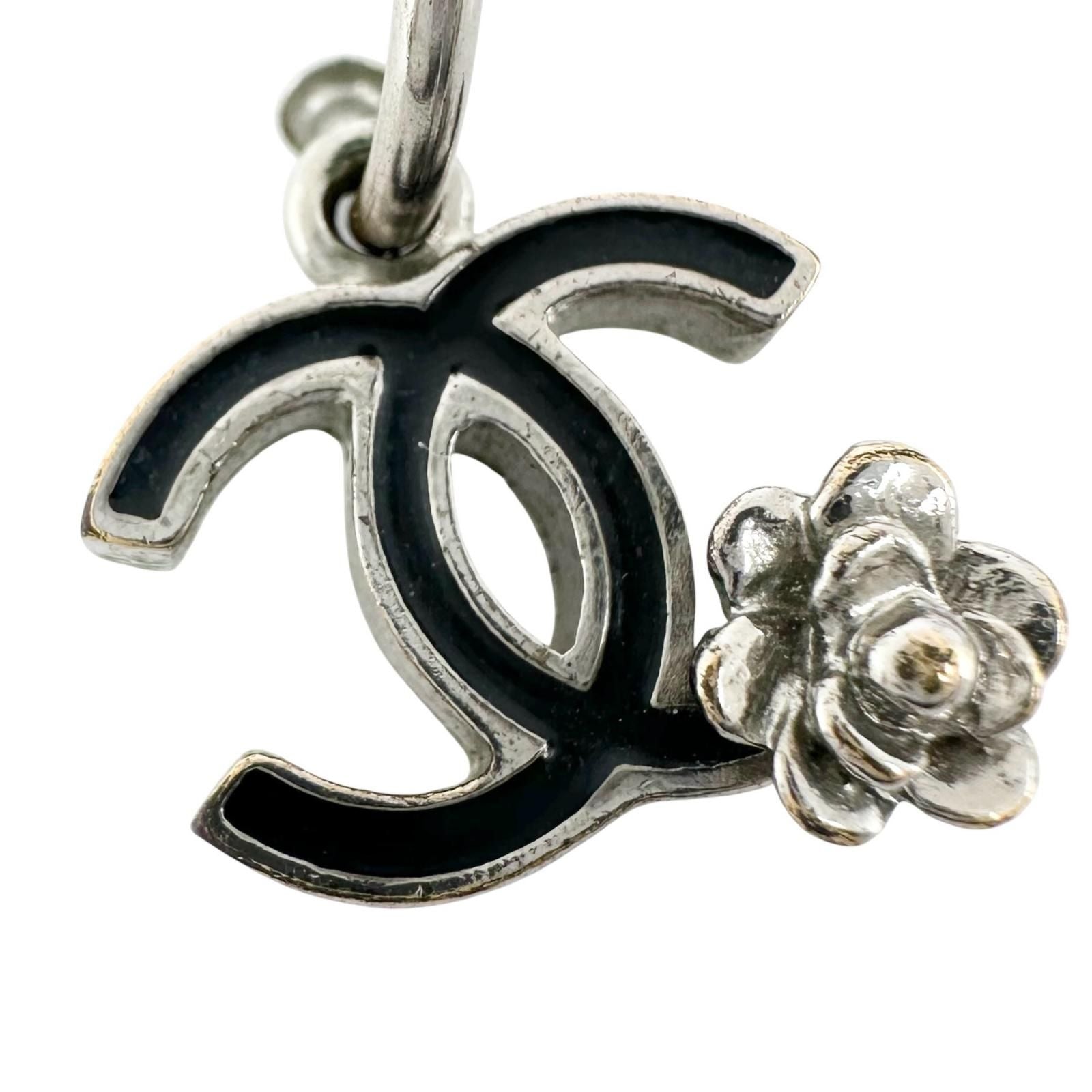 Chanel CC Logo Camellia Metal Silver Black Earrings — view 8