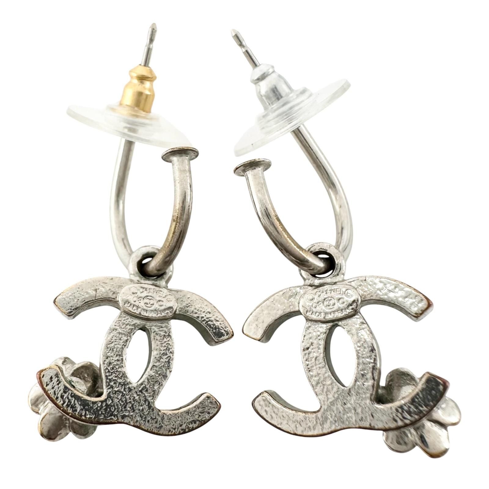 Chanel CC Logo Camellia Metal Silver Black Earrings — view 3