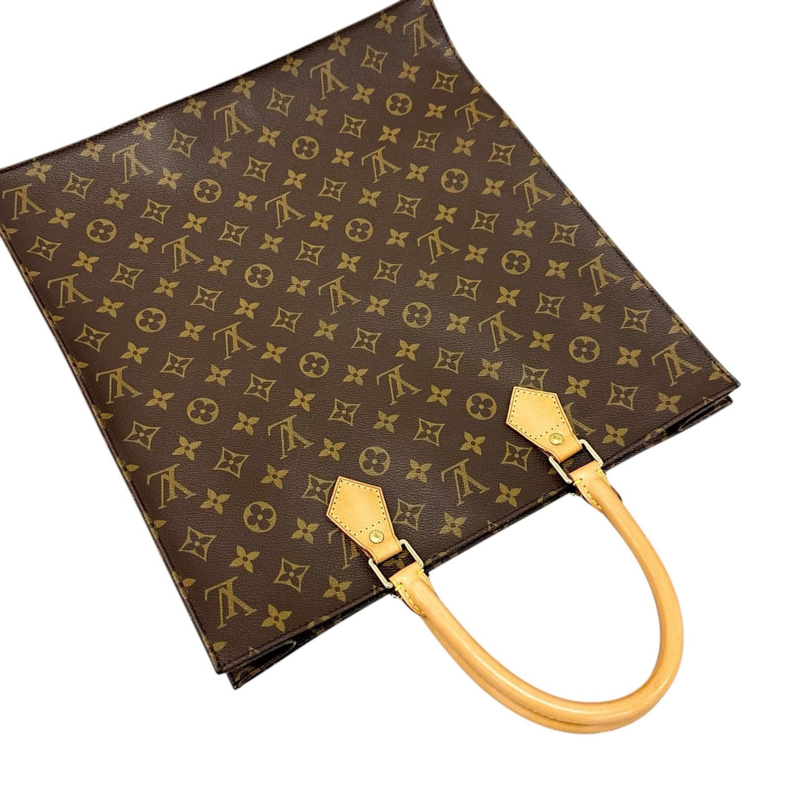 Louis Vuitton Sac Plat Monogram Handbag Leather Brown Tote Gold — view 5