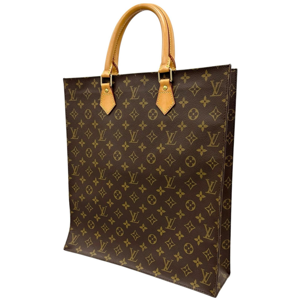 Louis Vuitton Sac Plat Monogram Handbag Leather Brown Tote Gold — view 4