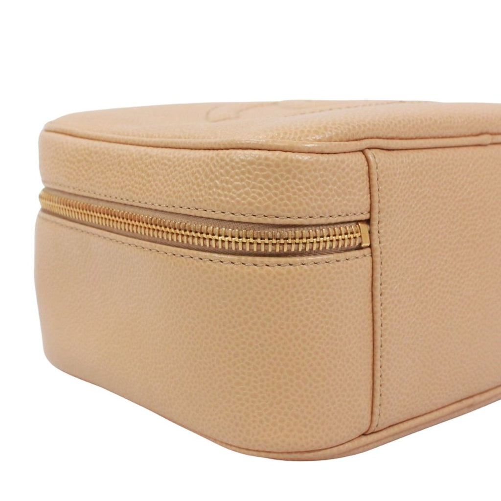 Chanel CC Logo Vanity Bag Caviar Leather Beige Handbag Gold — view 6