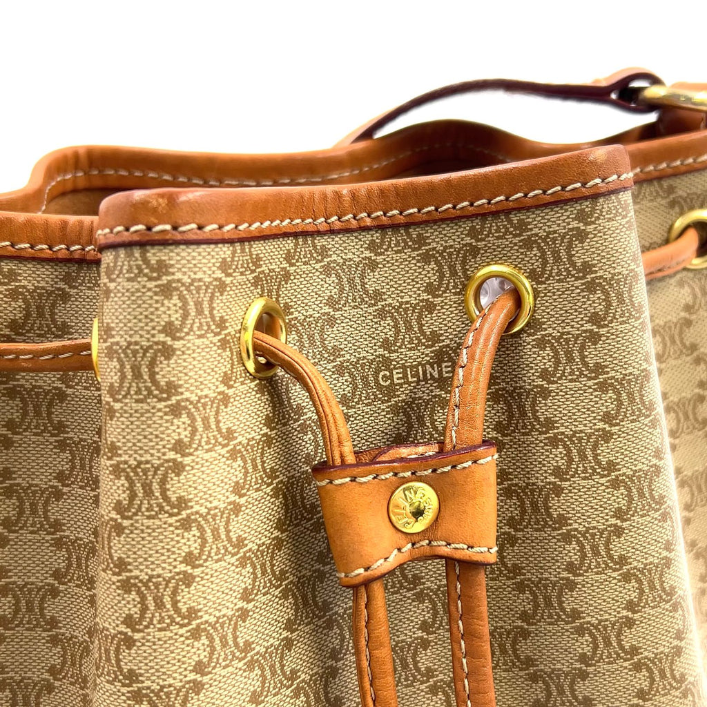 Celine Macadam Pattern Drawstring Leather Beige Light Brown Shoulder Bag Gold — view 6