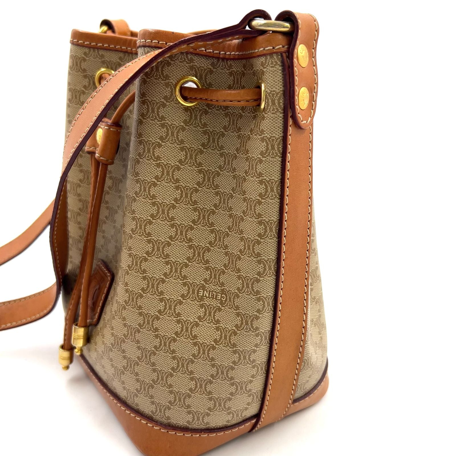 Celine Macadam Pattern Drawstring Leather Beige Light Brown Shoulder Bag Gold — view 5