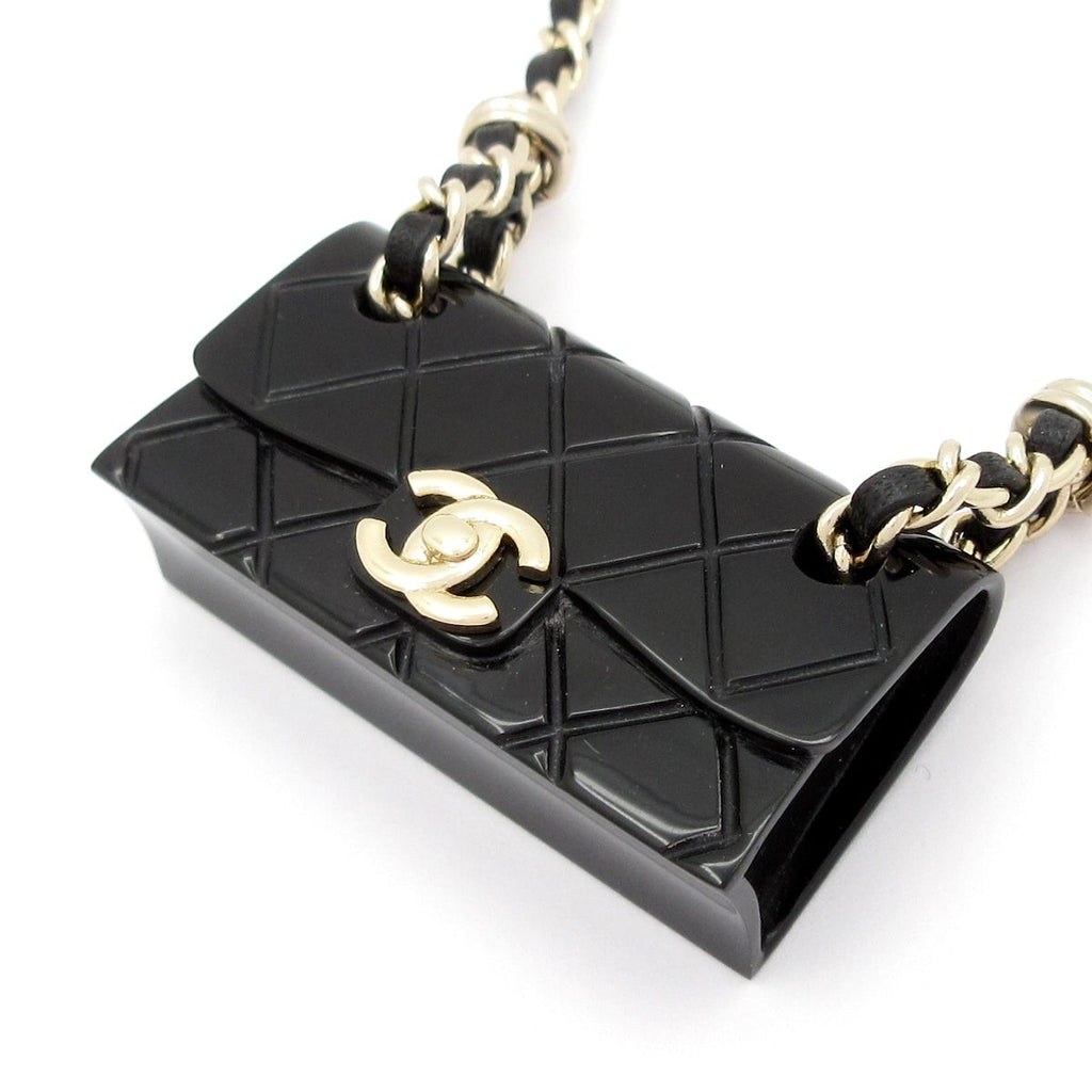 Chanel Necklace Leather Black Gold Bag Motif