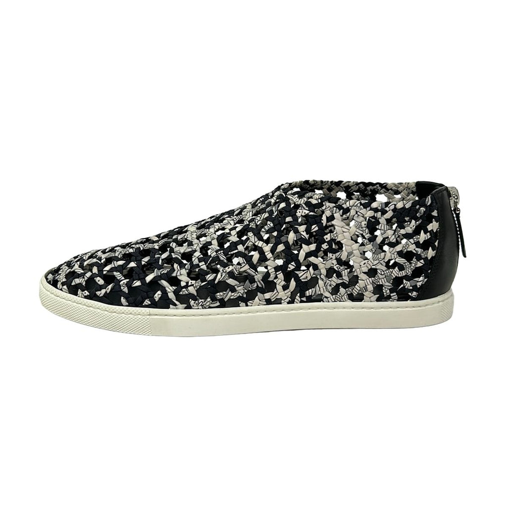 Hermes Slip on Black White Gray Silk Leather Slipper