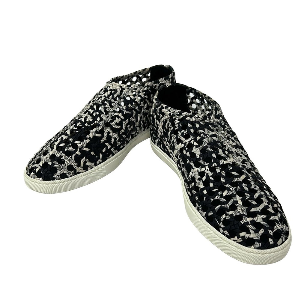 Hermes Slip on Black White Gray Silk Leather Slipper — view 2
