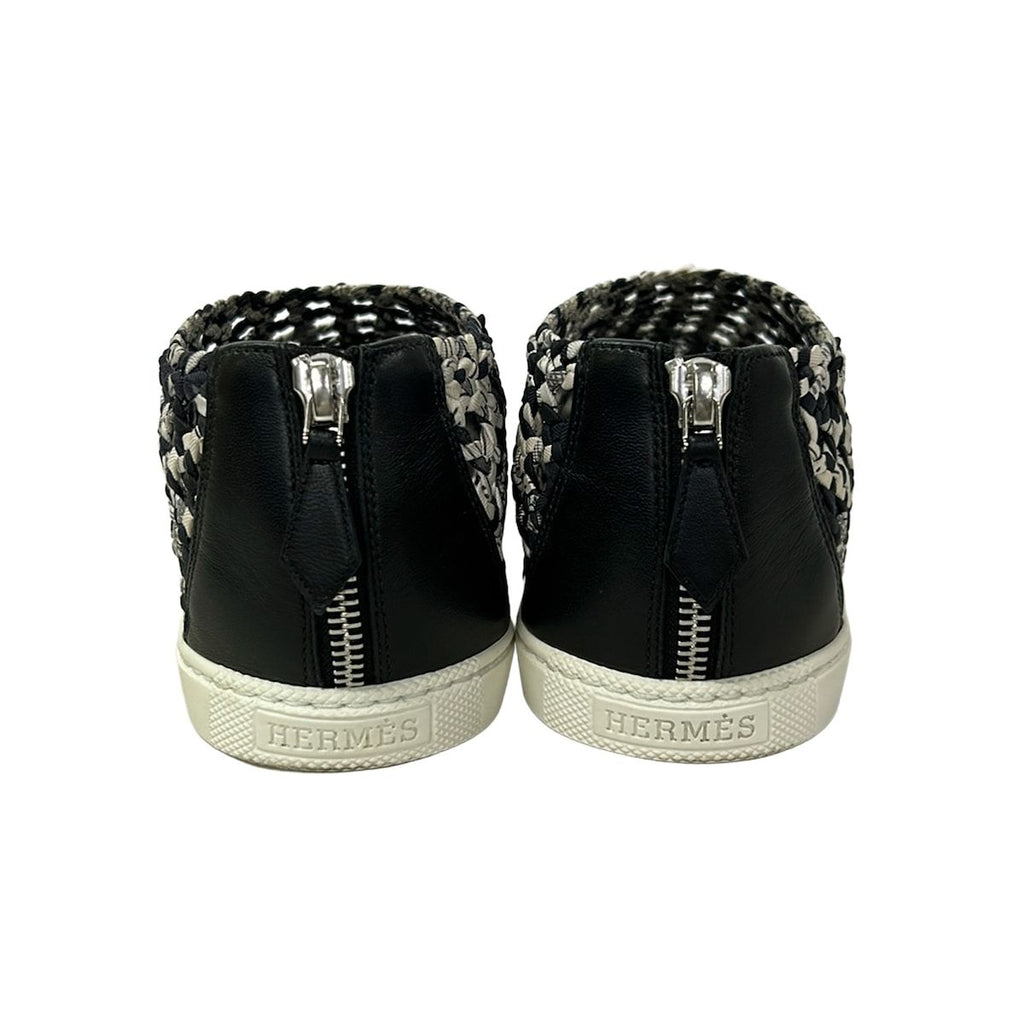 Hermes Slip on Black White Gray Silk Leather Slipper — view 3