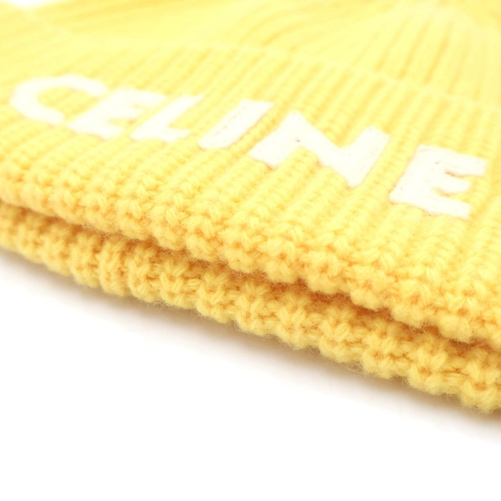 Celine Embroidered Knit Wool Front Logo Embroidery Beanie Hat Yellow — view 5