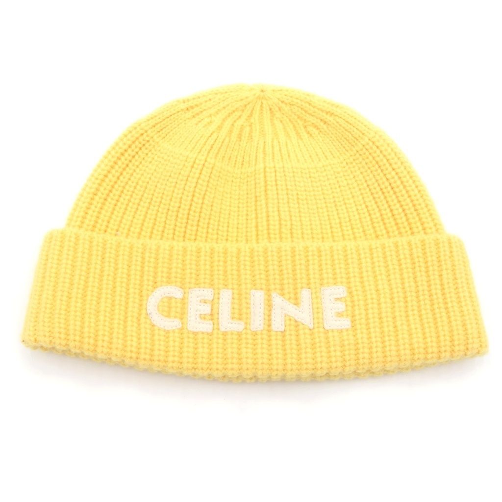 Celine Embroidered Knit Wool Front Logo Embroidery Beanie Hat Yellow