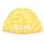 Celine Embroidered Knit Wool Front Logo Embroidery Beanie Hat Yellow